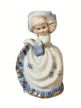 Girl In Bonnet With Blue and Gold Colored Accents Vintage Ceramic Figurine 5"